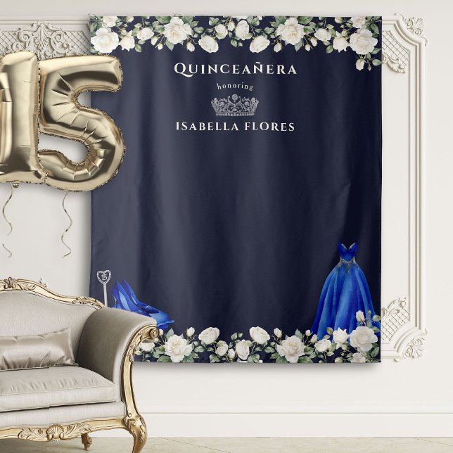 Elegant Quinceanera Blumenprinzessin Dark Blue Wandteppich (Quinceanera Backdrop from the Princess Dress and Roses Quinceanera collection by Darling & May)