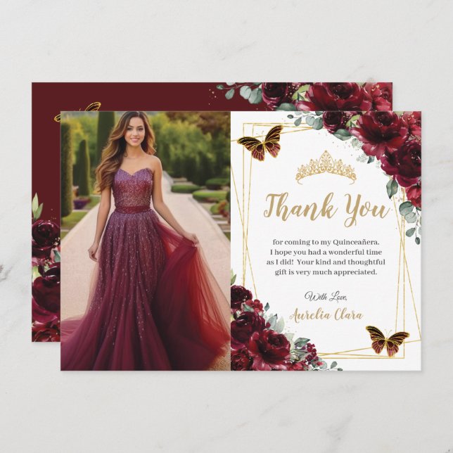 Elegant Quinceañera Burgundy Roses Floral Photo  Dankeskarte (Vorne/Hinten)