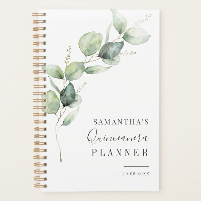 Elegant Quinceanera Greenery 15. Geburtstag Planer (Vorderseite)
