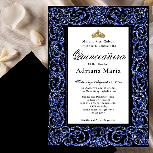 Elegant Quinceanera Invitation Blue Scrollwork Einladung (Von Creator hochgeladen)