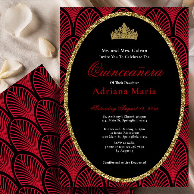 Elegant Quinceanera Invitation Gold Red Art Deco Einladung (Von Creator hochgeladen)