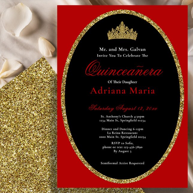 Elegant Quinceanera Invitation Gold Red Glitter Einladung (Von Creator hochgeladen)