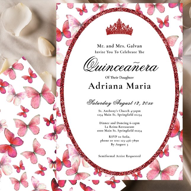 Elegant Quinceanera Invitation Red Butterflies Einladung (Von Creator hochgeladen)