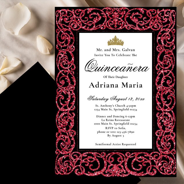 Elegant Quinceanera Invitation Red Scrollwork Einladung (Von Creator hochgeladen)