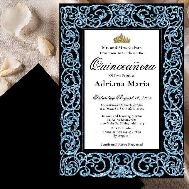 Elegant Quinceanera Invitation Sky Blue Scrollwork Einladung (Von Creator hochgeladen)