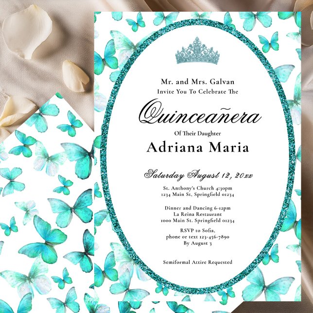 Elegant Quinceanera Invitation Teal Butterflies Einladung (Von Creator hochgeladen)
