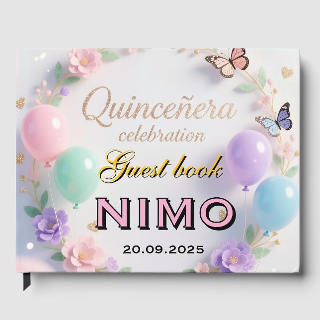 Elegant Quinceañera personalized name and date Gästebuch (Vorderseite)