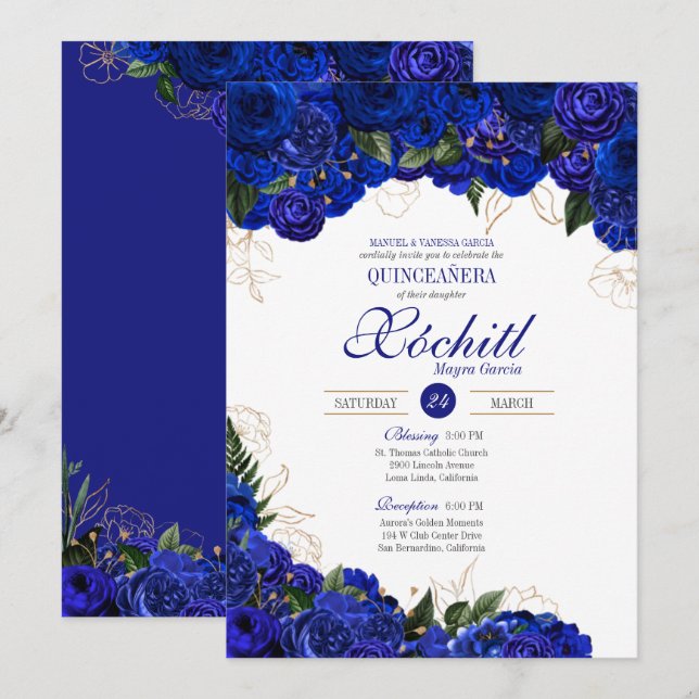 Elegant Quinceanera - Royal Blue Gold Rose Blumen Einladung (Vorne/Hinten)