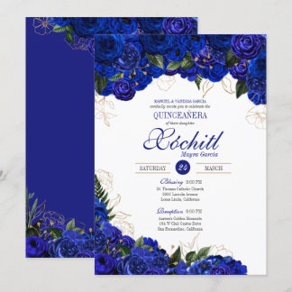 Elegant Quinceanera - Royal Blue Gold Rose Blumen Einladung