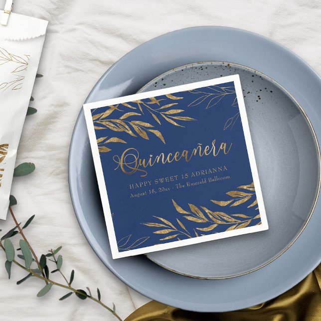 Elegant Quinceanera Royal Blue und Gold Leaf Serviette (Royal Blue Quinceanera Napkin from my Gold Leaf Quinceanera Collection)