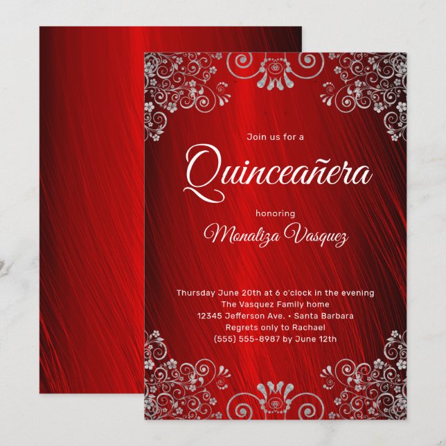 Elegant Quinceañera Ruby Red 15. Geburtstag Einladung (Vorne/Hinten)