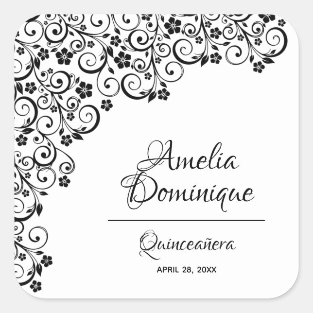 Elegant Quinceañera Schwarz und Weiß Quadratischer Aufkleber (Vorderseite)