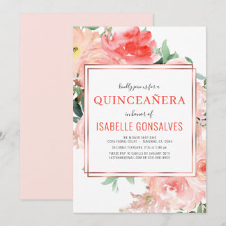 Elegant QUINCEAÑERA Wasserfarben Peach Coral Flora Einladung