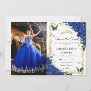 Elegant Quinceñera Royal Blue Floral Vintag Gold Save The Date