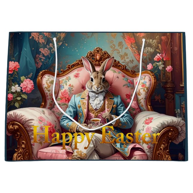 Elegant rabbit Drinking Tea Happy Easter Große Geschenktüte (Vorderseite)