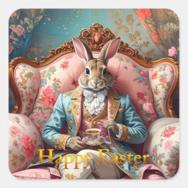 Elegant rabbit Drinking Tea Happy Easter Quadratischer Aufkleber