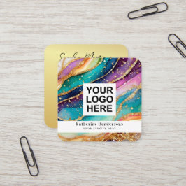 Elegant Rainbow Agate gold Glitter & QR Code Logo Quadratische Visitenkarte