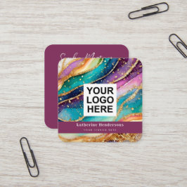 Elegant Rainbow Agate gold Glitter & QR Code Logo Quadratische Visitenkarte