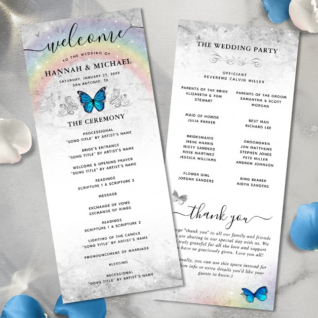 Elegant Rainbow Blue Butterfly Wedding Programs Einladung (Elegant rainbow blue butterfly wedding programs for your big day!)