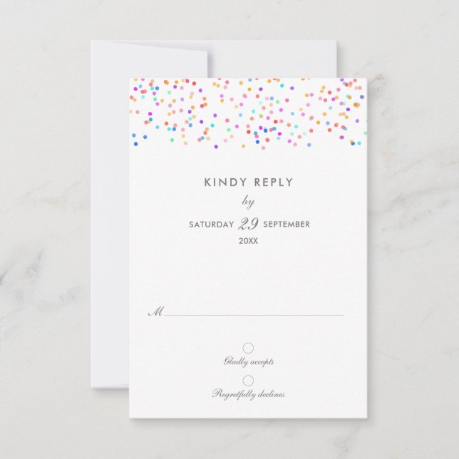 Elegant Rainbow Confetti Wedding RSVP Karte (Vorderseite)