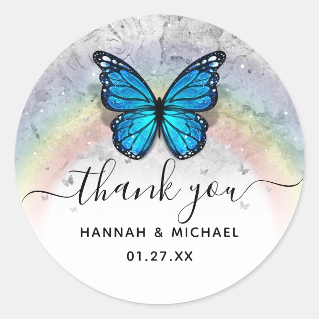 Elegant Rainbow Template Blue Butterfly Danke Runder Aufkleber (Vorderseite)