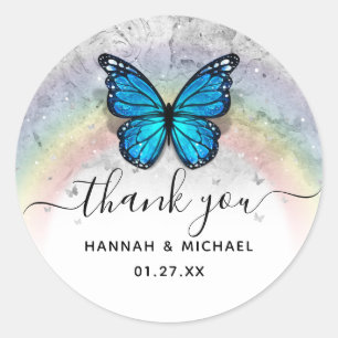 Elegant Rainbow Template Blue Butterfly Danke Runder Aufkleber