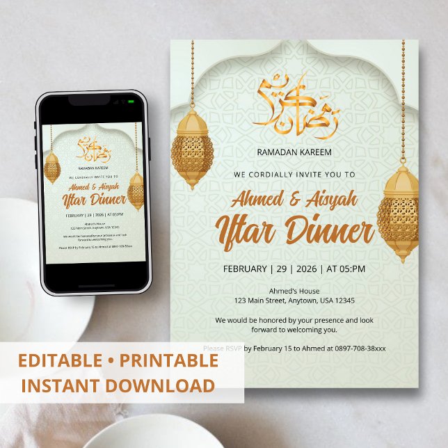 Elegant Ramadan Iftar Invitation with Gold Lantern Einladung (Von Creator hochgeladen)