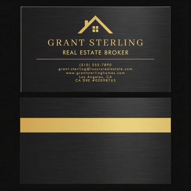 Elegant Real Estate Broker Metallic Black Gold  Visitenkarte (Von Creator hochgeladen)