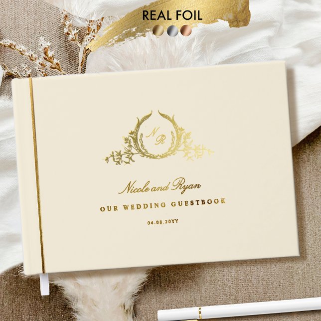 Elegant Real Foil Champagne Monogram Wedding Gästebuch (Von Creator hochgeladen)