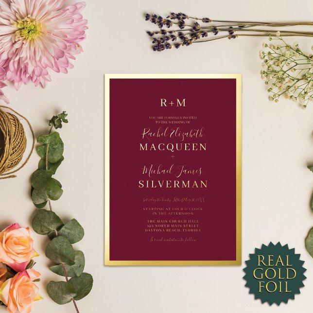 Elegant Real Gold dick Border Burgundy Wedding Folieneinladung (Von Creator hochgeladen)
