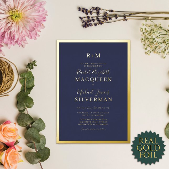 Elegant Real Gold dick Border Navy Blue Wedding Folieneinladung (Von Creator hochgeladen)