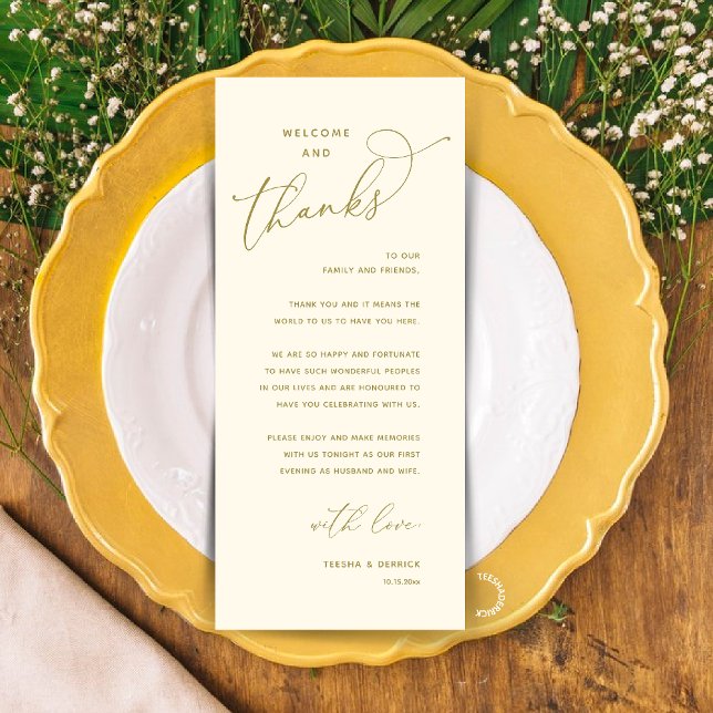 Elegant Reception "Welcome and Thanks" Guest Card Programm (Modern Elegant Wedding Reception "Welcome and Thanks" Table Card for Guest in Yellow Gold)