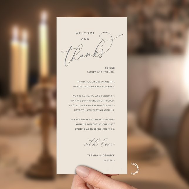 Elegant Reception "Welcome and Thanks" Guest Card Programm (Modern Elegant Wedding Reception "Welcome and Thanks" Table Card for Guest in Cream Grey)