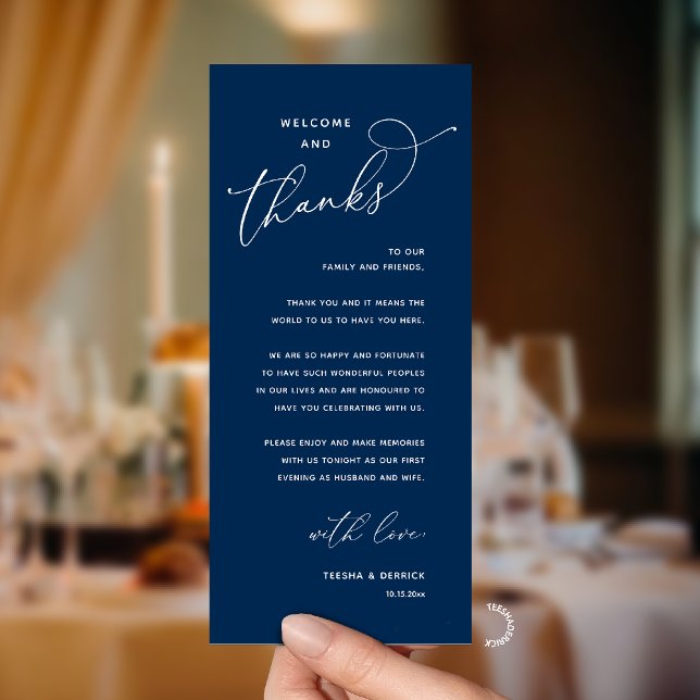 Elegant Reception "Welcome and Thanks" Guest Card Programm (Modern Elegant Wedding Reception "Welcome and Thanks" Table Card for Guest in Navy Blue)
