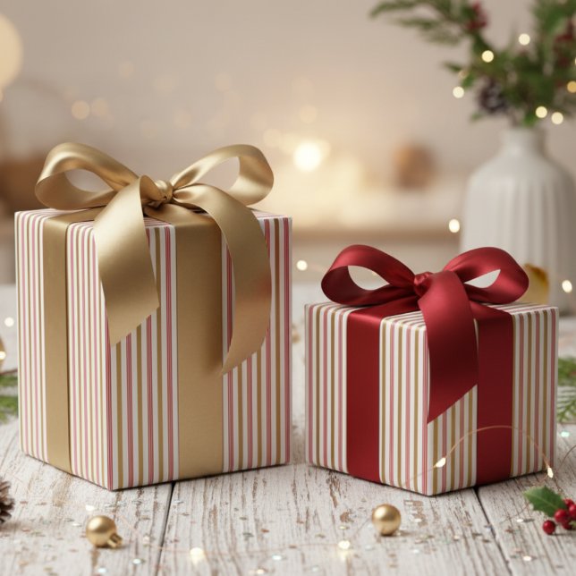 Elegant Red and Gold Candy Cane Pinstripe Pattern Geschenkpapier (Elegant Red and Gold Candy Cane Pinstripe Pattern for Chic Christmas Party. Thin Festive Stripes)