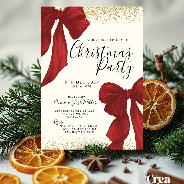 Elegant Red and Gold Christmas Party invitation Einladung (Elegant Christmas Party invitation template with red watercolor bows and gold glitter border frames)