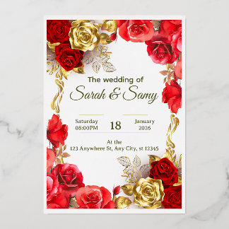 Elegant Red and Gold Floral Wedding Invitation Car Folieneinladung
