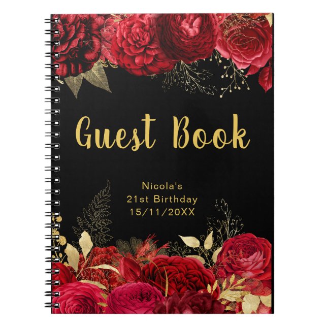Elegant Red and Gold Flowers Birthday Guest Book Notizblock (Vorderseite)
