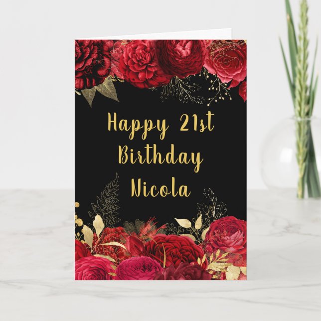 Elegant Red and Gold Flowers Birthday Karte (Vorderseite)