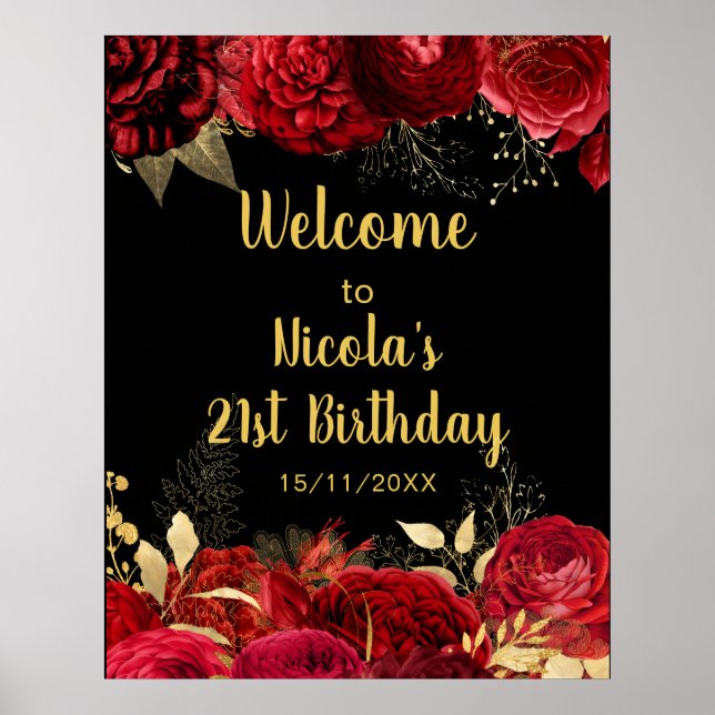 Elegant Red and Gold Flowers Birthday Part Welcome Poster (Vorne)