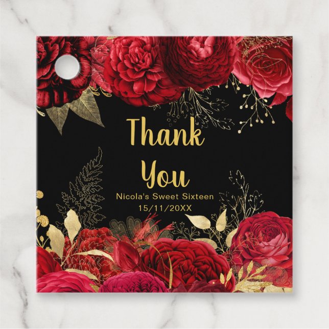 Elegant Red and Gold Flowers Sweet Sixteen Geschenkanhänger (Vorderseite)