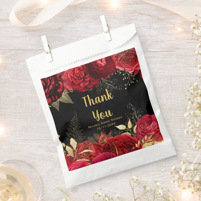 Elegant Red and Gold Flowers Sweet Sixteen Geschenktütchen (Ausgeschnitten)