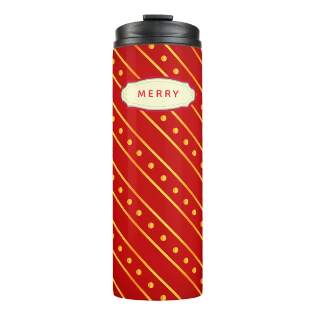 Elegant Red and Gold Stripe & Dots Christmas Thermosbecher (Vorderseite)