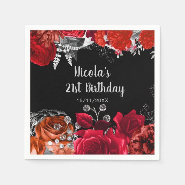 Elegant Red and Silver Flowers Birthday Party Serviette (Vorderseite)