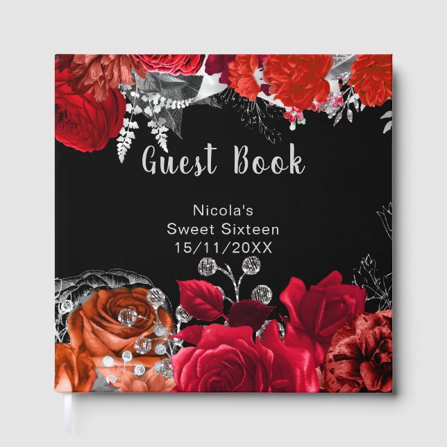 Elegant Red and Silver Flowers Sweet Sixteen Gästebuch (Vorderseite)