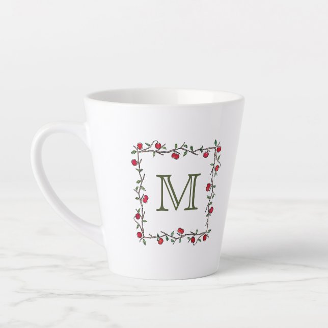 Elegant Red Apple Vine Black Monogram Initial Milchtasse (Links)