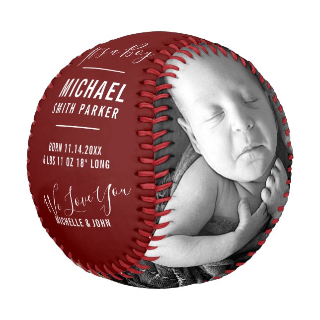 Elegant Red Baby Birth Ankündigung 2 Foto Name Baseball (Schrägansicht)