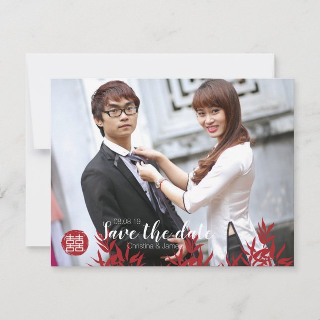 Elegant Red Bamboo & Double Happy Chinese Save The Date (Vorderseite)