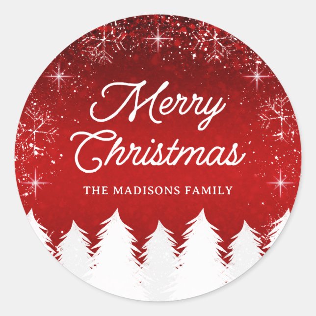 Elegant Red | Bäume & Schneeflocken Weihnachtsfest Runder Aufkleber (Vorderseite)