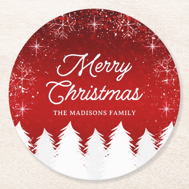 Elegant Red | Bäume & Schneeflocken Weihnachtsfest Runder Pappuntersetzer (Vorderseite)